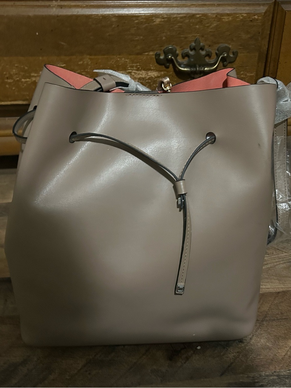 Taupe Drawstring Bucket Bag with Coral Interior